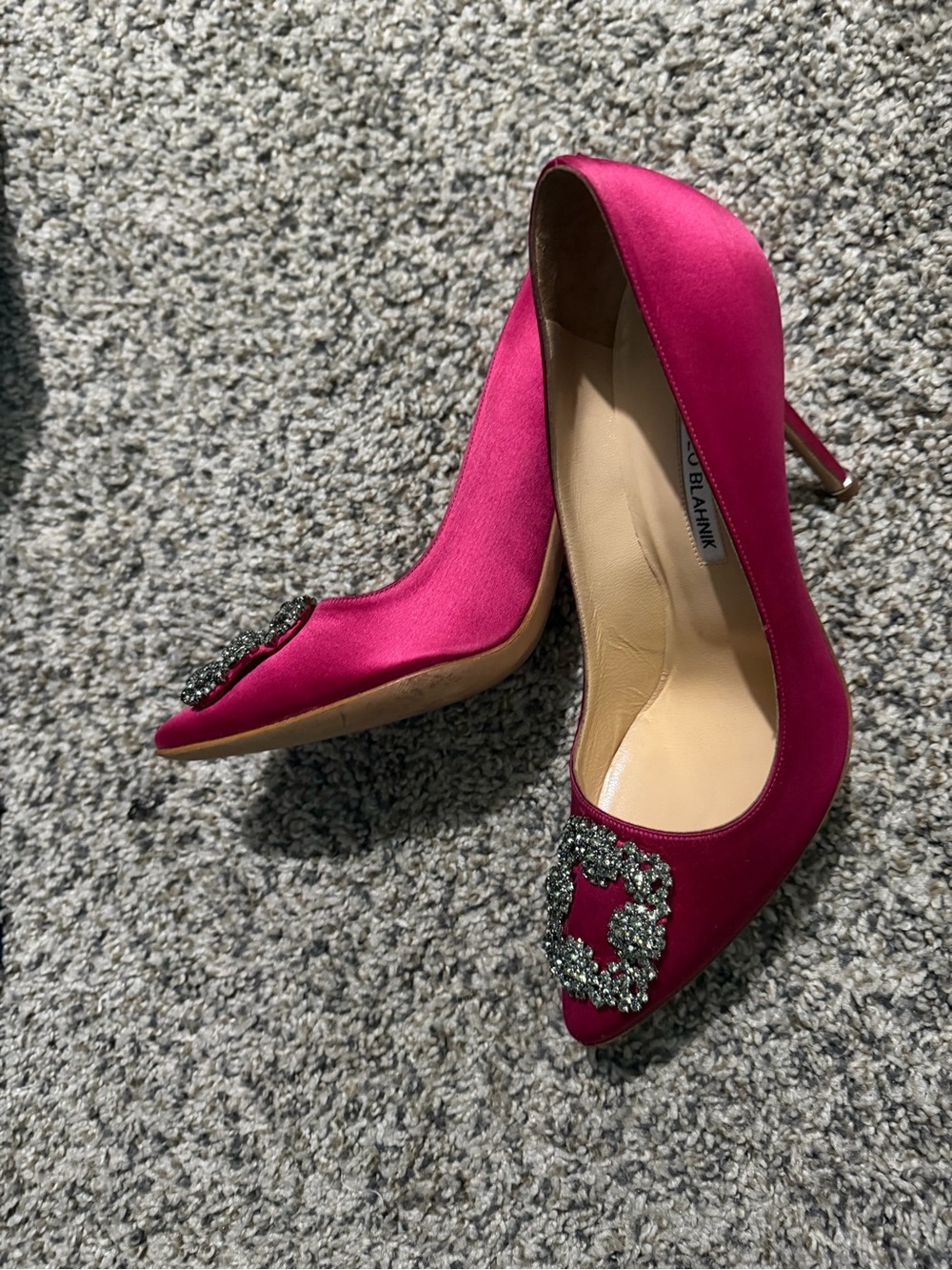 Manolo Blahnik Hot Pink Satin Crystal-Embellished Pointed Toe Pumps